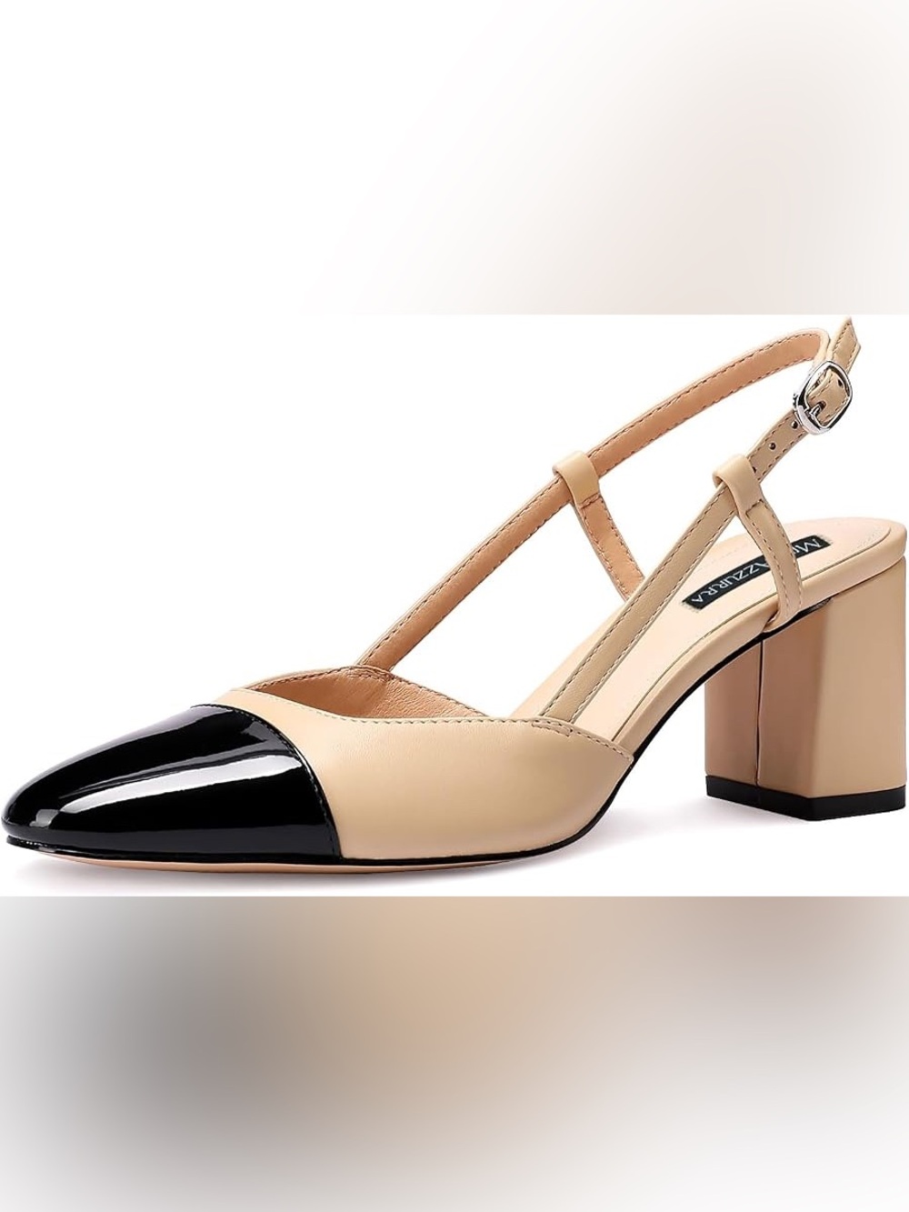 Mira Azzurra Beige and Black Two-Tone Slingback Block Heel
